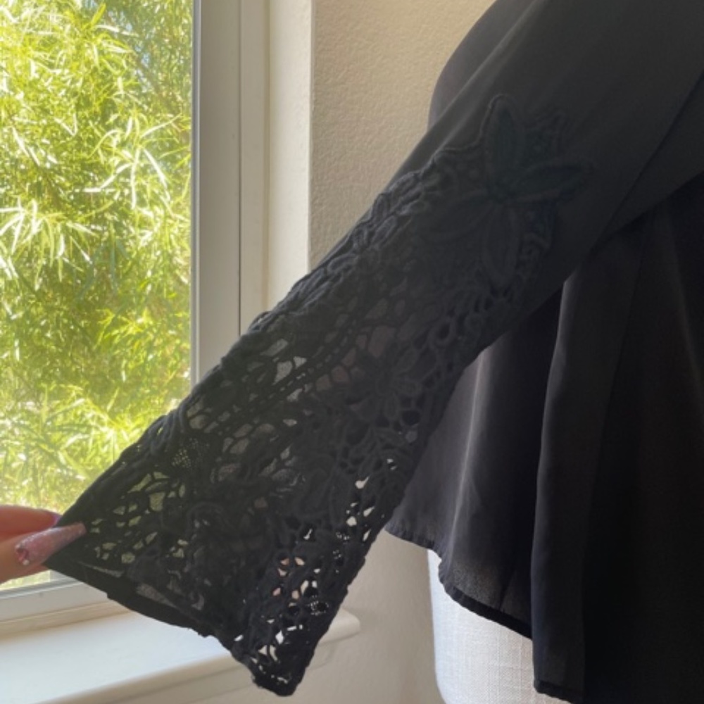 Monteau | Black V-Neck Blouse with Lace Sleeves Elegant Long Sleeve Top, Size S